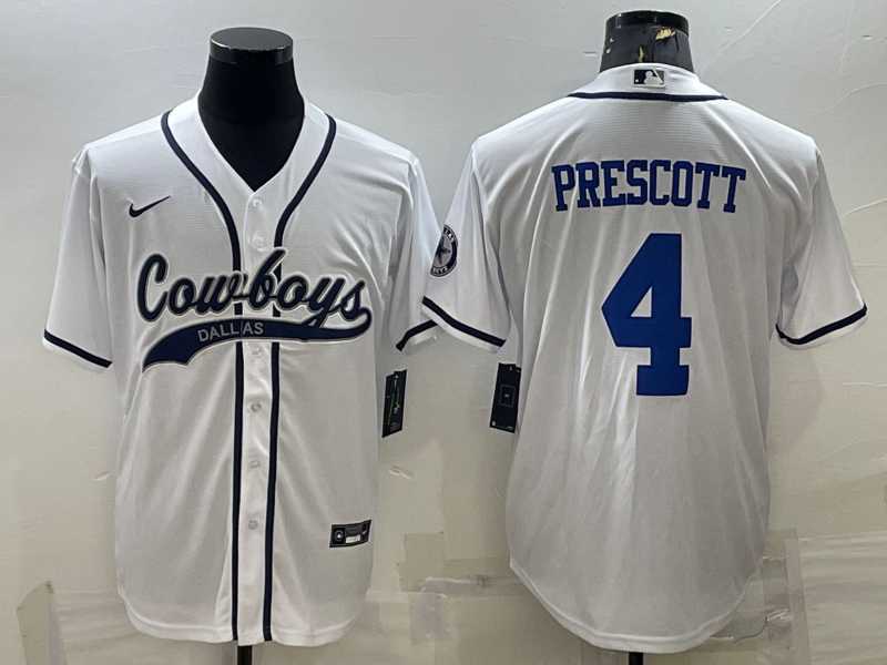 Mens Dallas Cowboys #4 Dak Prescott White With Patch Cool Base Stitched Baseball Jersey